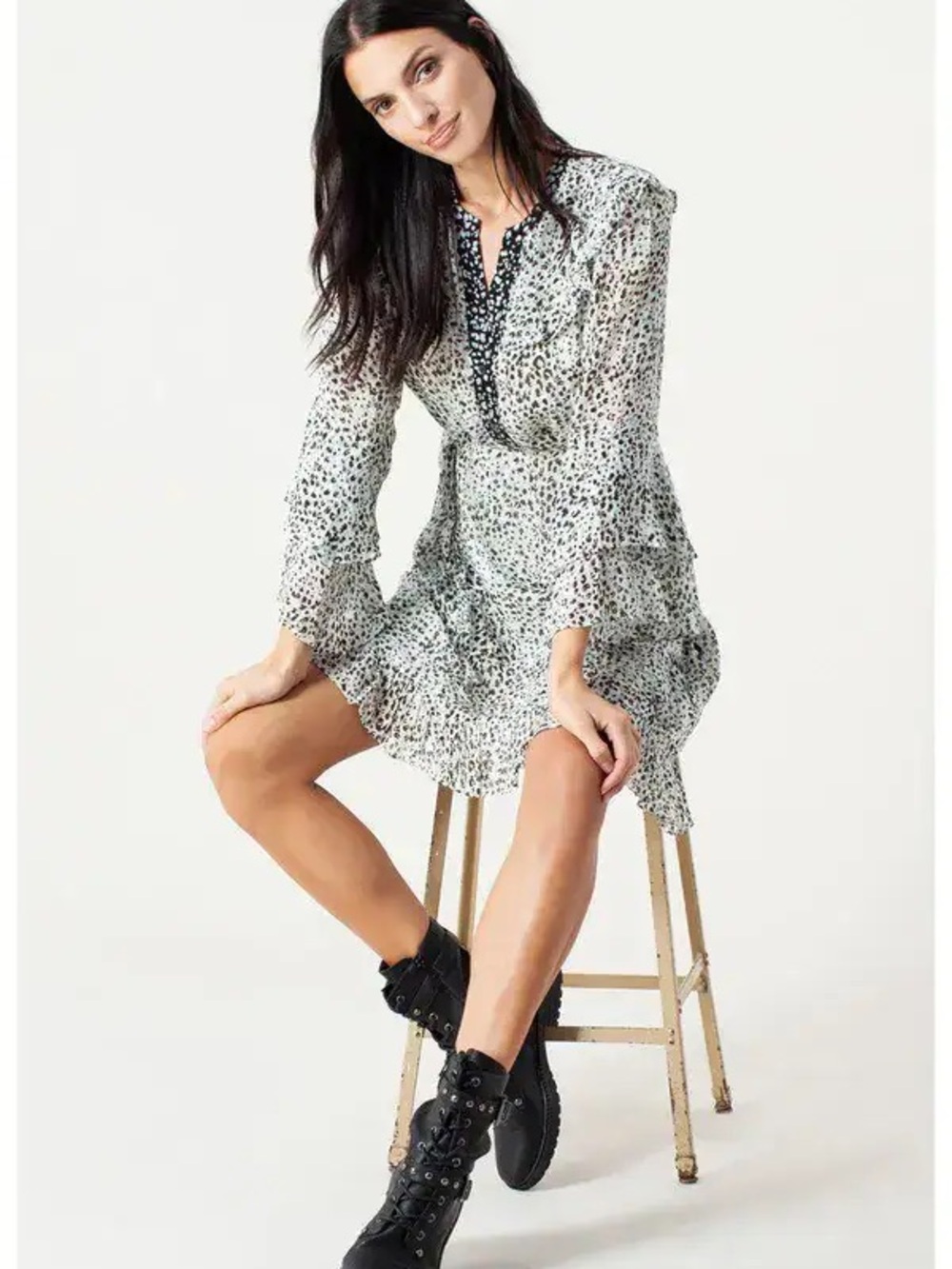 Hale Bob Light Blue and Black Leopard Print Dress